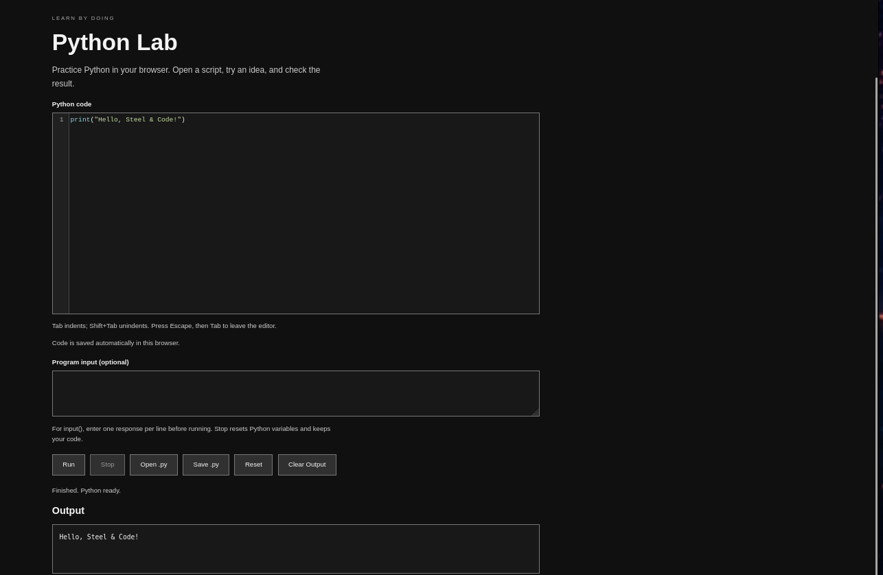 The Steel & Code Python Lab showing the code editor and program output