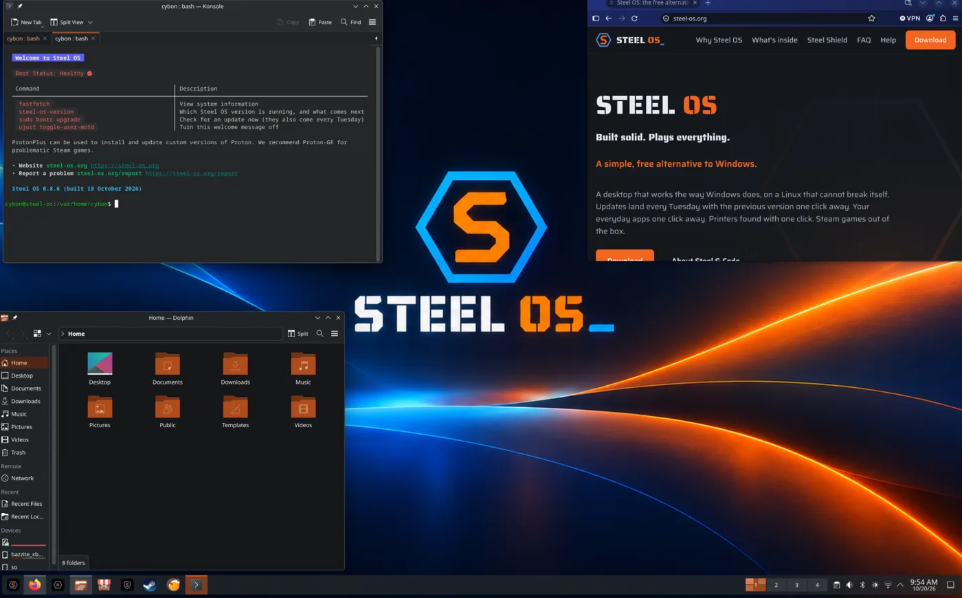 Steel OS desktop with the Konsole terminal, Firefox browser, and Dolphin file manager open